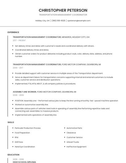 Transportation Management Coordinator Resume