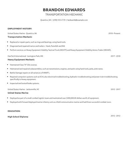 Transportation Mechanic Resume