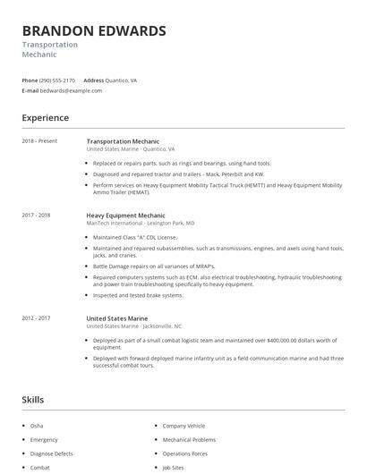 Transportation Mechanic Resume
