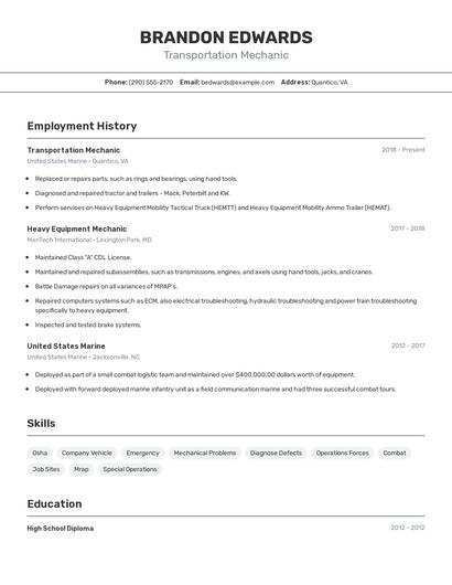 Transportation Mechanic Resume