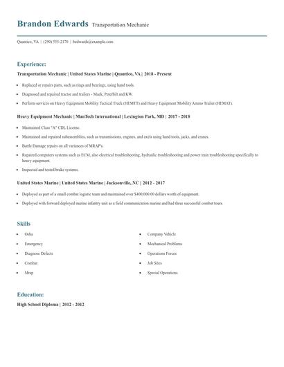 Transportation Mechanic Resume