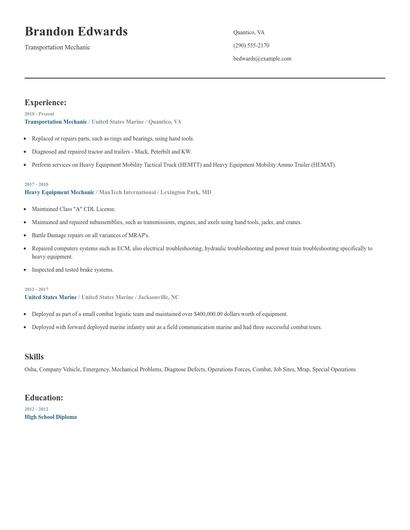 Transportation Mechanic Resume