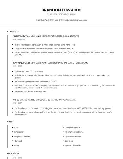 Transportation Mechanic Resume
