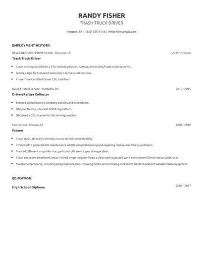 Trash Truck Driver Resume