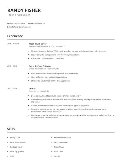 Trash Truck Driver Resume