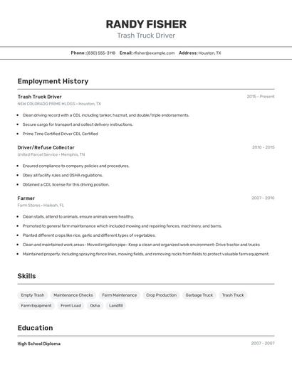 Trash Truck Driver Resume