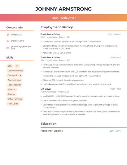Trash Truck Driver Resume