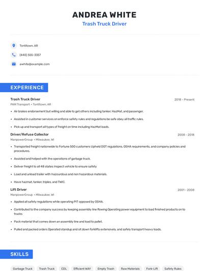 Trash Truck Driver Resume