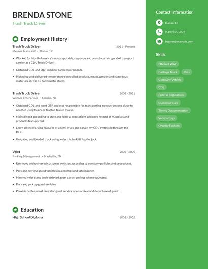 Trash Truck Driver Resume