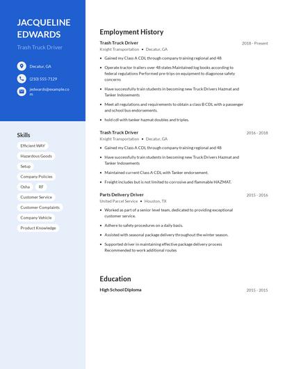 Trash Truck Driver Resume