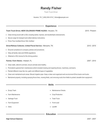Trash Truck Driver Resume