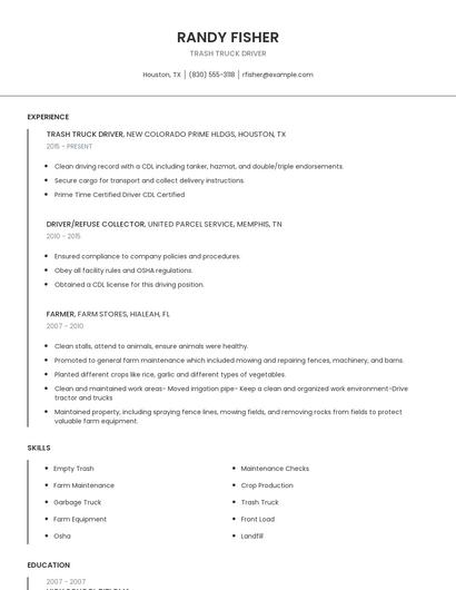 Trash Truck Driver Resume