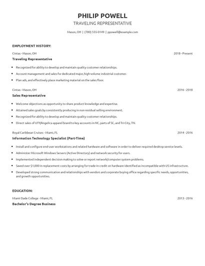 Traveling Representative Resume