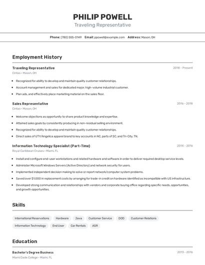 Traveling Representative Resume