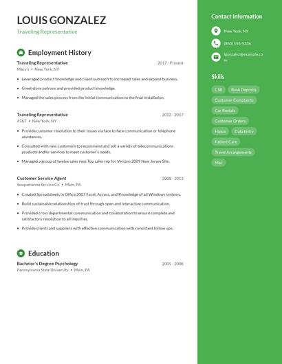 Traveling Representative Resume