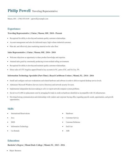 Traveling Representative Resume