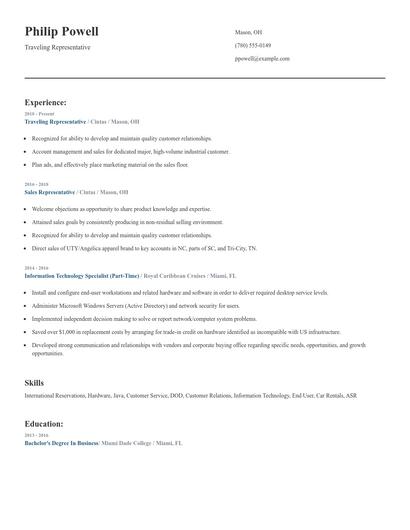 Traveling Representative Resume