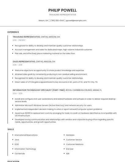Traveling Representative Resume