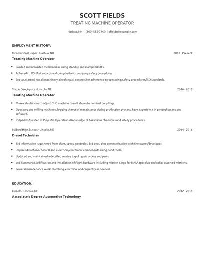 Treating Machine Operator Resume