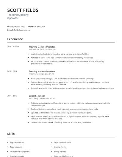 Treating Machine Operator Resume