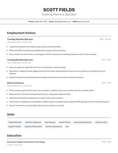 Treating Machine Operator Resume