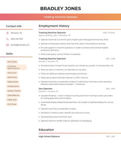 Treating Machine Operator Resume