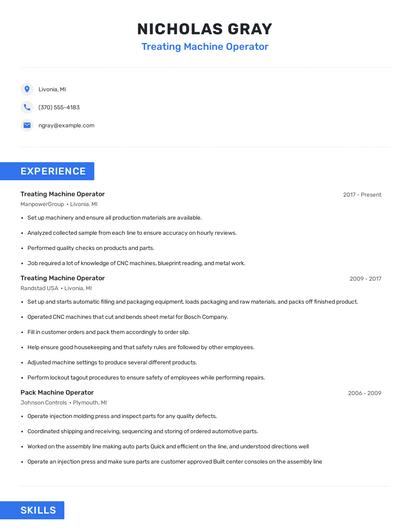 Treating Machine Operator Resume