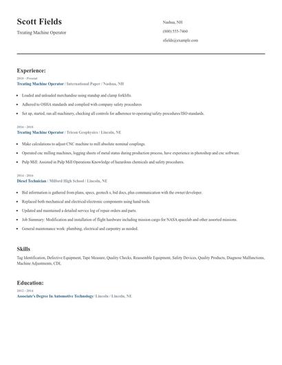 Treating Machine Operator Resume