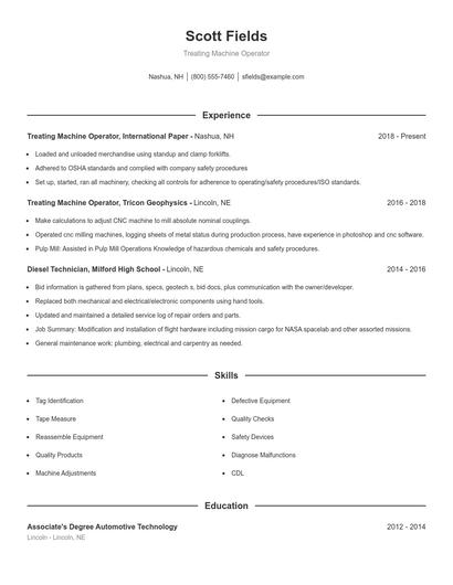 Treating Machine Operator Resume