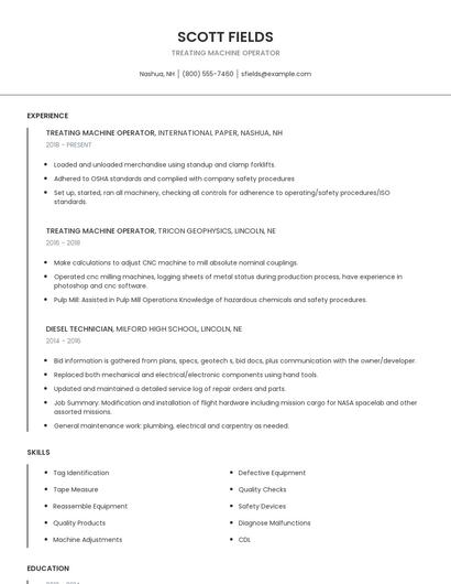 Treating Machine Operator Resume