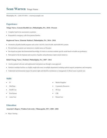 Triage Nurse Resume