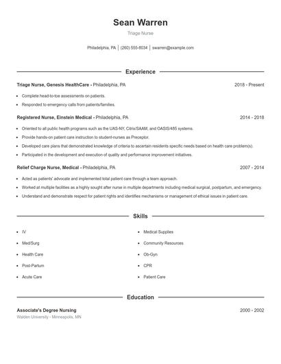 Triage Nurse Resume