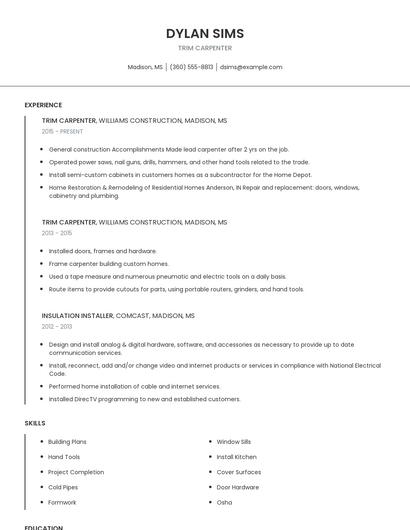 Trim Carpenter Resume