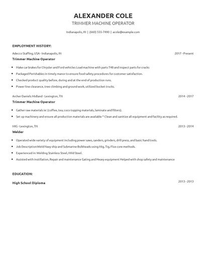 Trimmer Machine Operator Resume