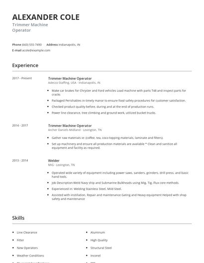 Trimmer Machine Operator Resume