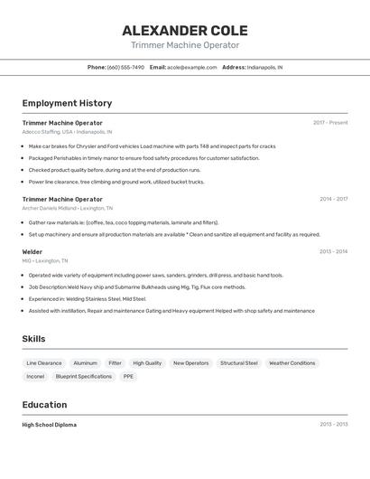 Trimmer Machine Operator Resume