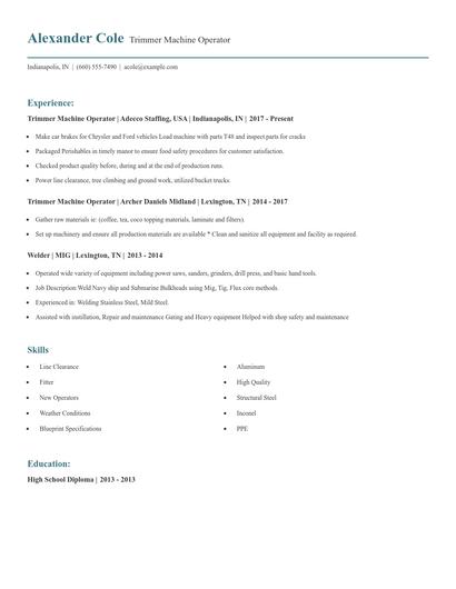 Trimmer Machine Operator Resume