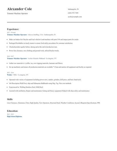 Trimmer Machine Operator Resume