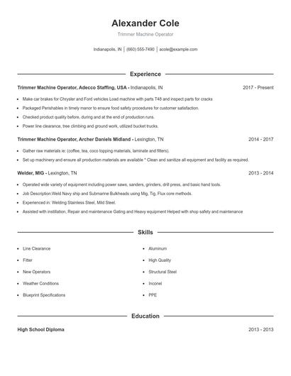 Trimmer Machine Operator Resume