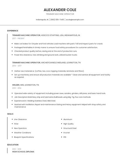 Trimmer Machine Operator Resume
