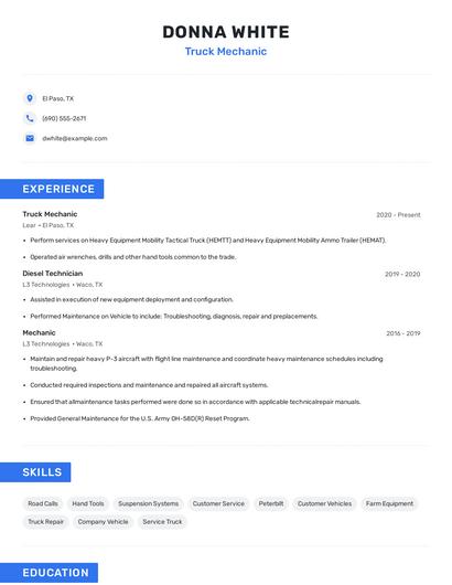 Truck Mechanic Resume