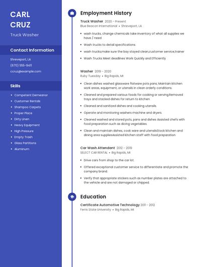 Truck Washer Resume