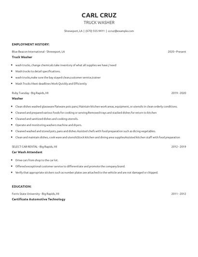 Truck Washer Resume