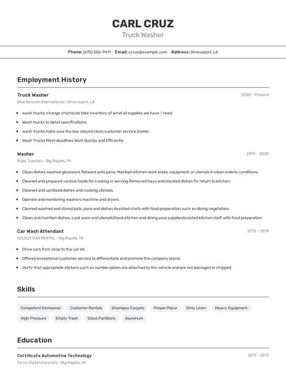Truck Washer Resume