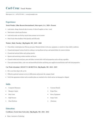 Truck Washer Resume