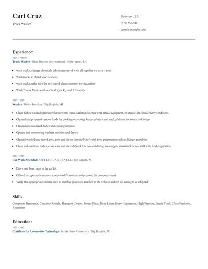 Truck Washer Resume