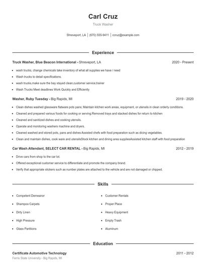 Truck Washer Resume