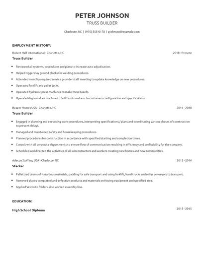 Truss Builder Resume