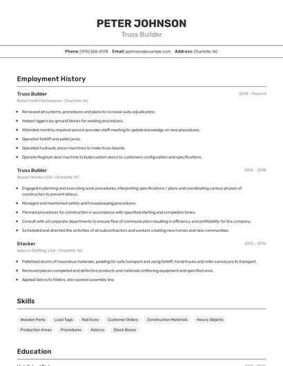 Truss Builder Resume