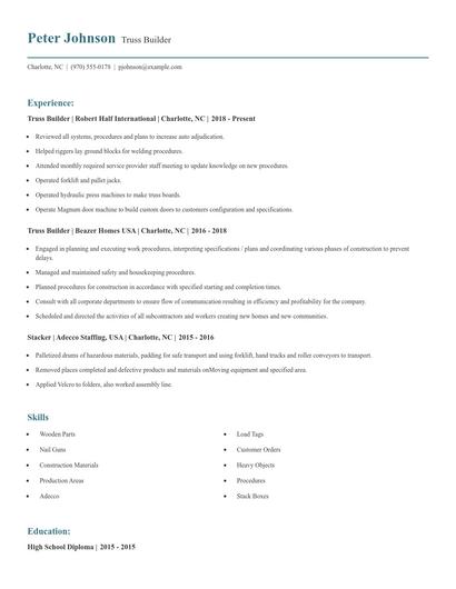 Truss Builder Resume